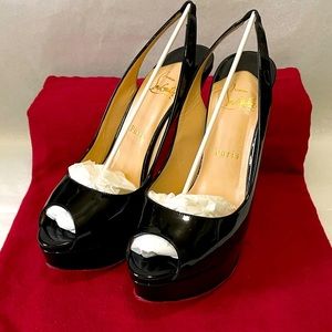 Christian Louboutin “Lady peep” sling peeptoe pumps 150mm Blk patent lthr EU38.5